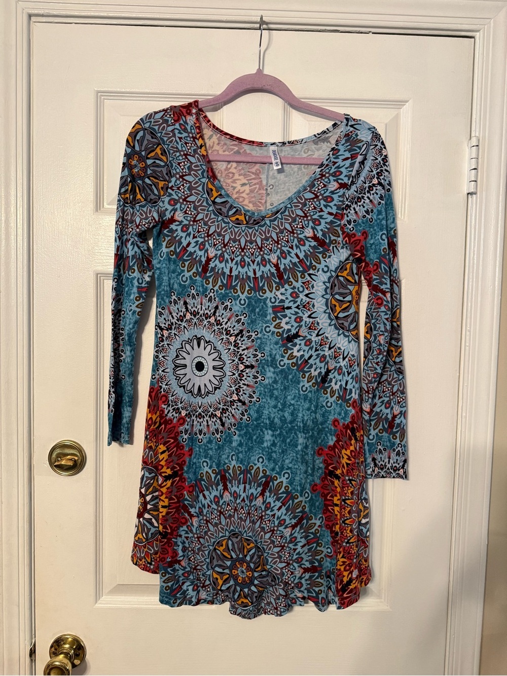 Boho Teal Mandala-Print V-Neck Long-Sleeve Dress